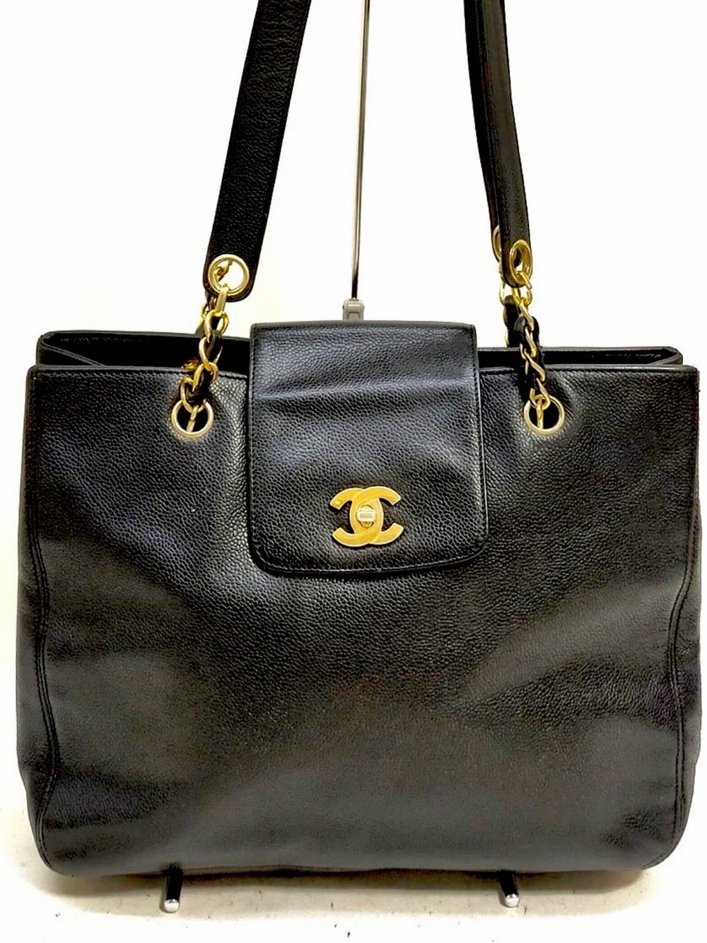 CHANEL Black Caviar Leather CC Turn Lock Tote Bag Gold Hardware Shoulder Shopper